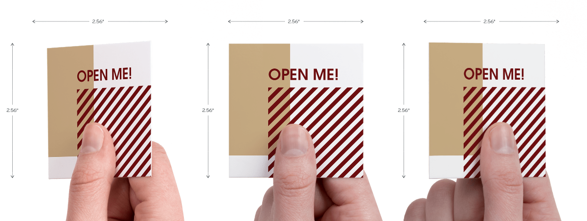 Hand holding original matte square business card at different angles