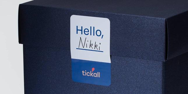 Hello branded rectangular label with handwritten text on a blue box