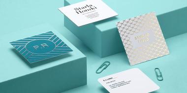 4 square Business Cards with various designs and finishes, including 1 square card with rounded corners