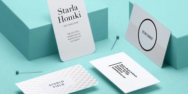 4 standard size Business Cards with various designs and finishes, including 1 rounded corner Business Card