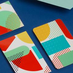 3 colorful Business Cards with different corners and finishes