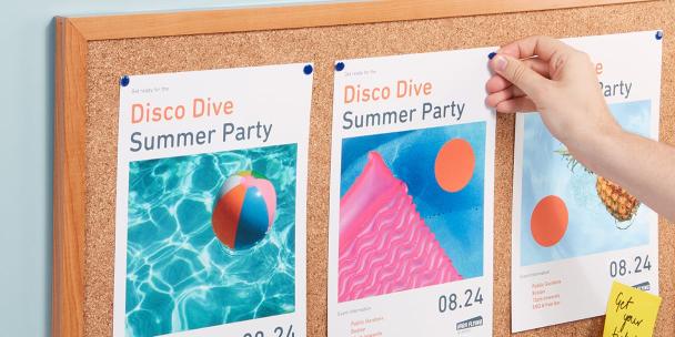 3 creative party Posters on a cork noticeboard