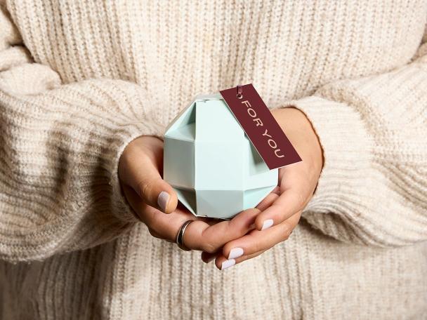 Person holding a gift with a red gift tag.