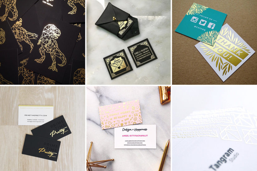 A selection of MOO printed business cards using gold foil