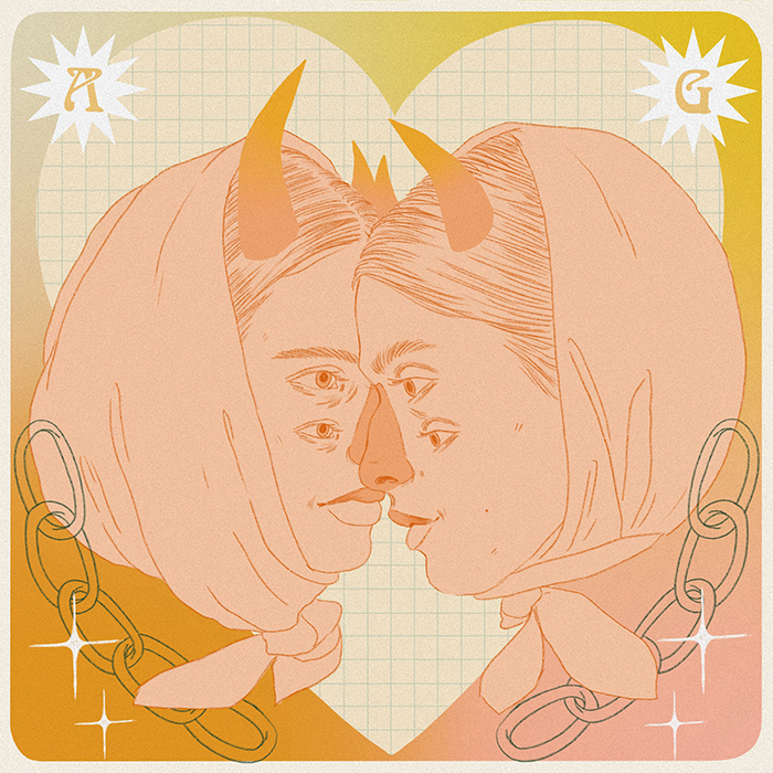 Surrealist portrait of a couple with horns and two pairs of eyes by arose.garden