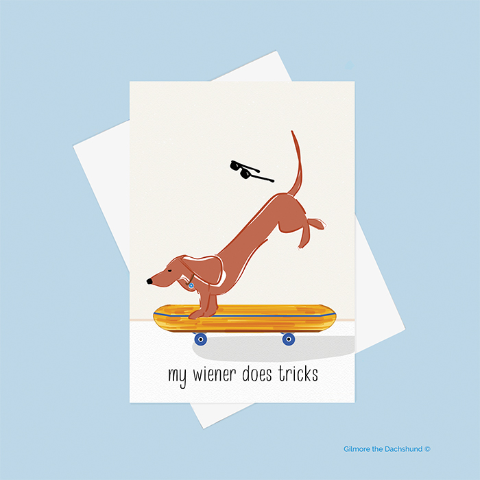 Greeting card with skating wiener dog by Gilmore the Dachshund