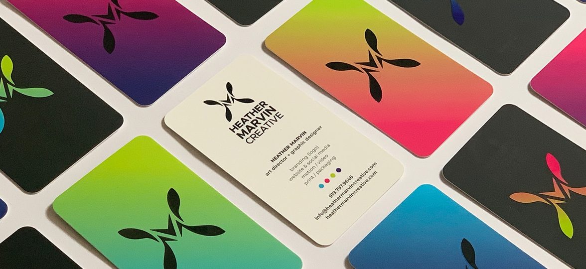 Mosaic of gradient business cards in various colors by Heather Marvin Creative