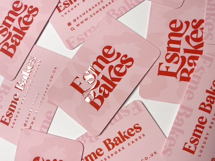 Esme Bakes pink business cards with red spot gloss lettering and rounded corners, designed by The Creative Studio Bristol
