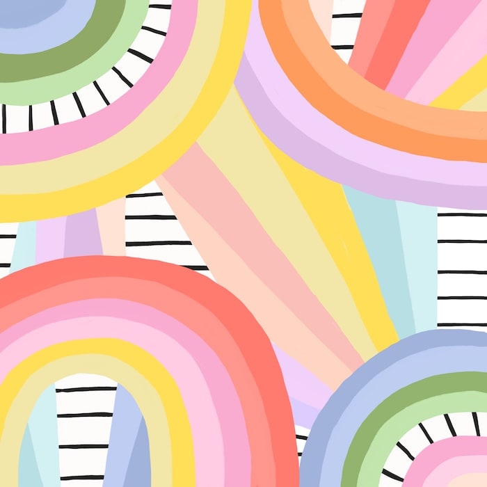 Pattern design by Brook Gossen representing colorful rainbows in different colors on a striped black and white background