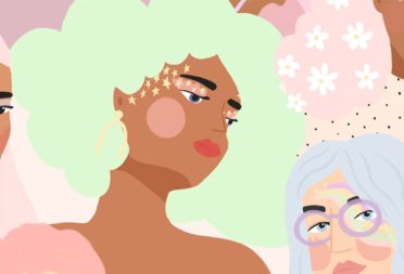 Pastel pattern design by Brook Gossen representing a crowd of women of various ethnicities with pastel hair, flowers and stars