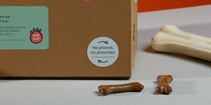 Pet food business branded stickers on packaging and dog treats