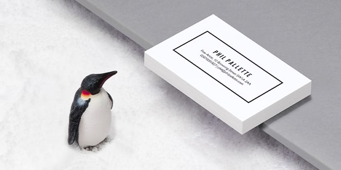Pile of extra thick white business cards with a minimalist design making use of negative space on a white background next to a penguin figurine