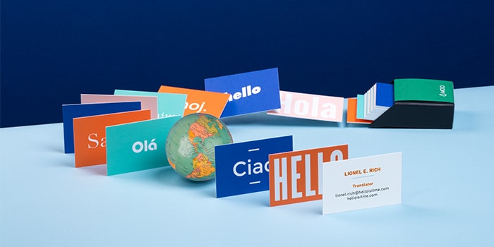 Colorful business cards with text saying hello in various languages