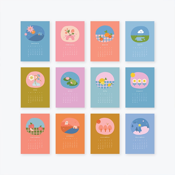 Mosaic of cute illustrated calendar postcards by Yeung Love