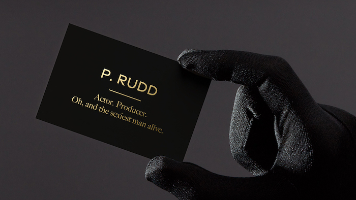 Black business card with the words P. Rudd, actor, producer, sexiest man alive
