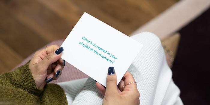 MOO card with the question What's on repeat in your playlist at the moment?