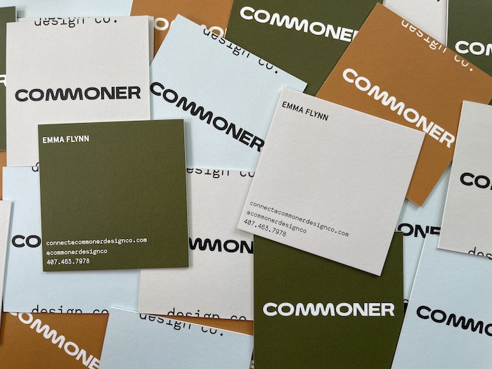 Square Luxe business cards in green, light blue, light grey and terracotta by Commoner design co