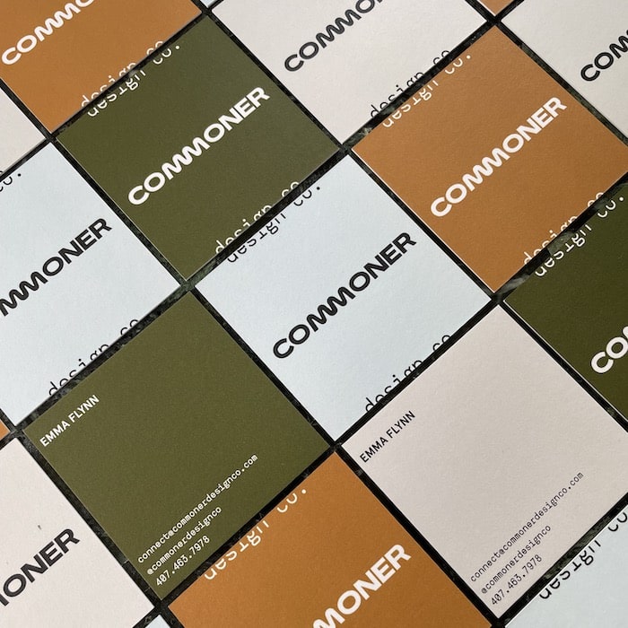 Mosaic of square Luxe business cards in green, light blue, light grey and terracotta by Commoner design co