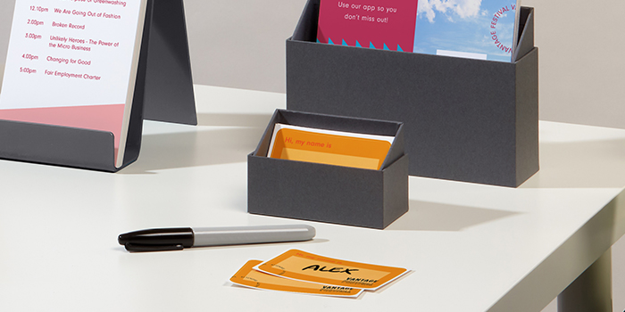 Grey business card box and note card box, pen and stickers
