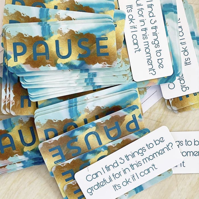 Gold foil minicards with rounded corners and inspirational messages on the back by Pause Anywhere