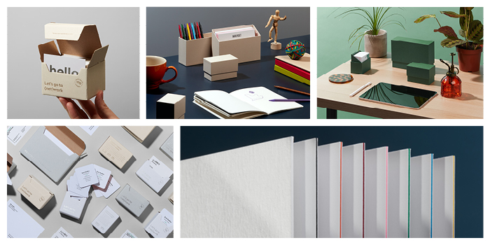 Various pictures of MOO stationery and display boxes