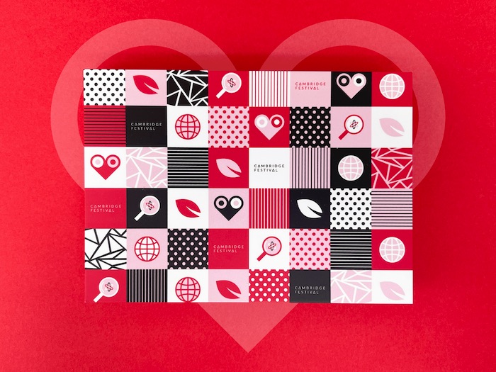 Cambridge Festival red postcard design by Elizabeth Inkim