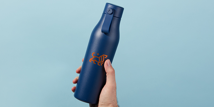 Blue reusable water bottle with the Big Leo logo