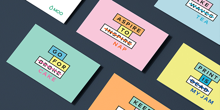 Business Cards, each with a different color background, laid out in a grid