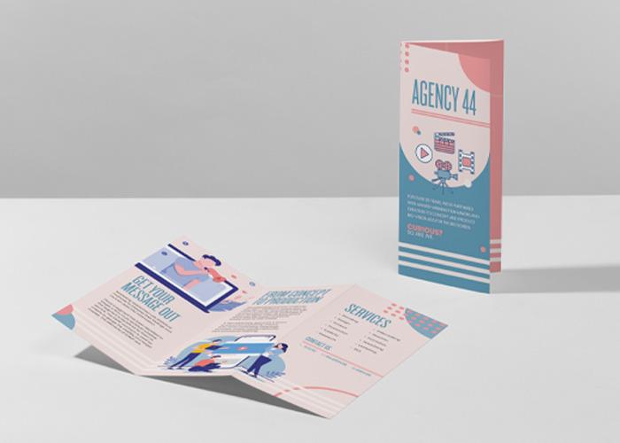 Brochures branded fully with an eye catching color palette, a couple of logo designs, and all the information designed to show off the brand personality.