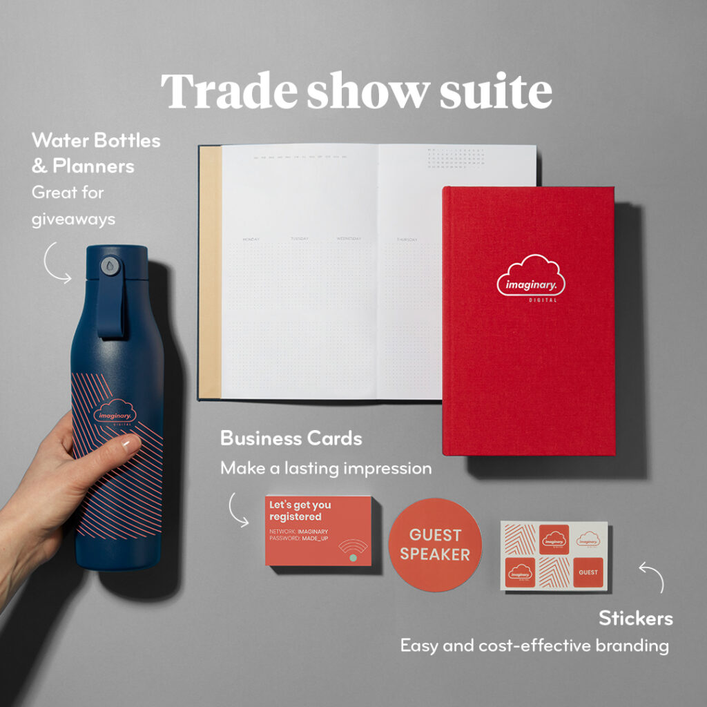 Trade show suite with a custom water bottle, planner, business cards, and stickers.
