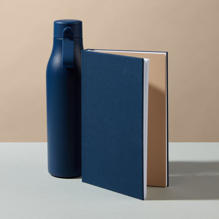 MOO Water Bottle and Notebook in Midnight Blue.