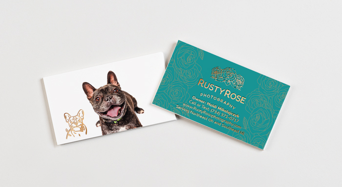 Rusty Rose's Business Cards come to life with the copper Foil details.