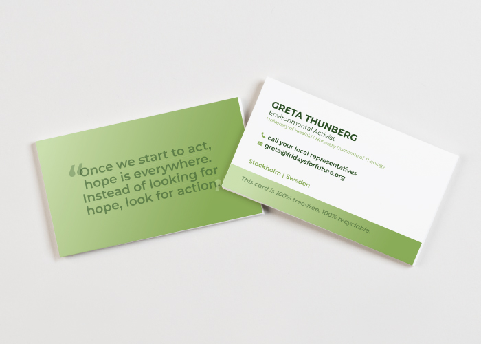 A Cotton Business Card designed for Greta Thunberg by our Design Services team