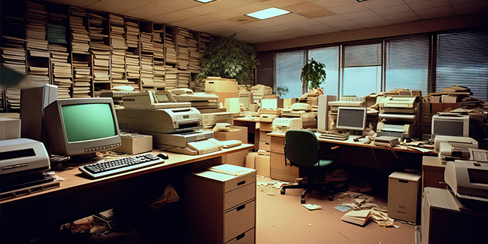 Old Office with computers, fax, printers and papers stacked in shelves.