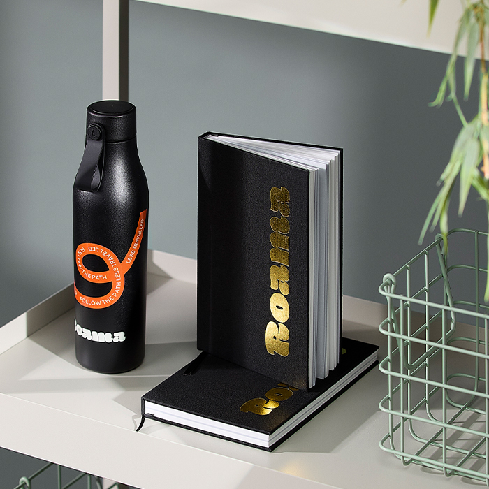 Branded Notebook and Water Bottle.