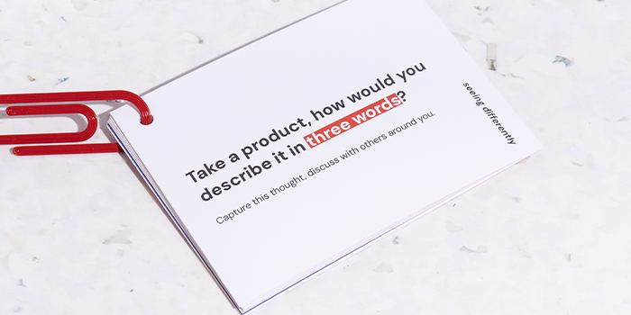 Postcard prompt "Take a product, how would you describe it in three words?"