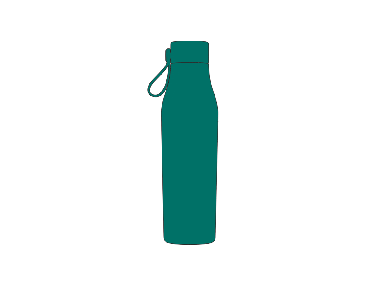 Illustration of a green insulated water bottle with the lid off, with notes indicating that the inside of the bottle is lined with copper and that the lid is leak-proof