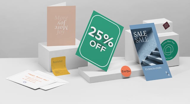 Variety of print products with 25% off Sale texts