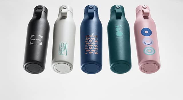 5 personalised water bottles in black, white, pink, blue and green with custom colourful water bottle designs