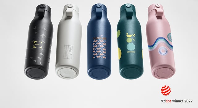 5 personalised water bottles in black, white, pink, blue and green with custom colourful water bottle designs