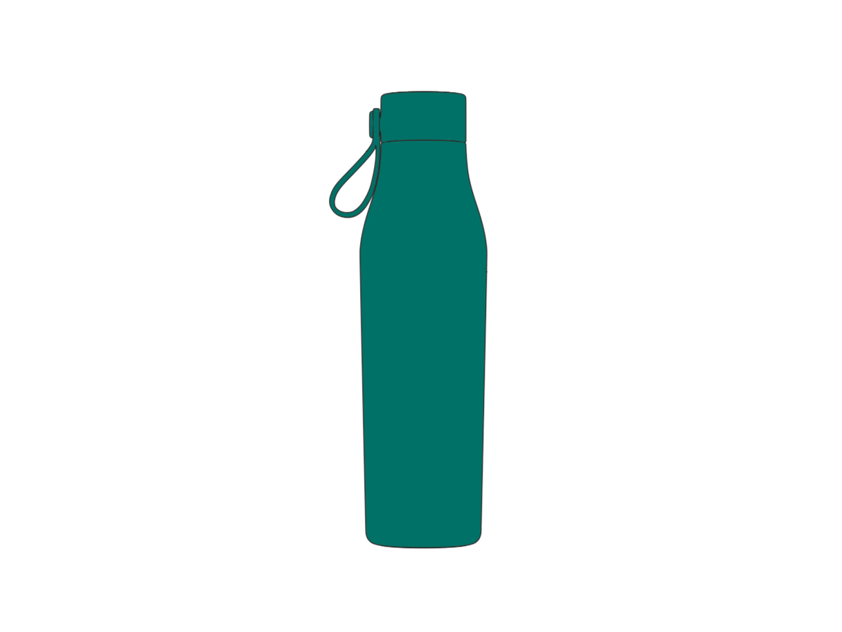 Illustration einer grünen isolierten Wasserflasche mit abgenommenem Deckel, mit Hinweisen, dass das Innere der Flasche mit Kupfer ausgekleidet und der Deckel auslaufsicher ist
