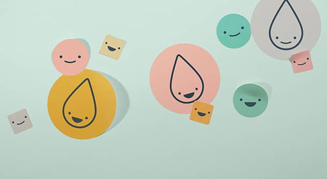 Kleine quadratische Aufkleber, mittlere und große runde Aufkleber in verschiedenen Farben und Designs, einschließlich Smileys und dem MOO-Drop-Logo