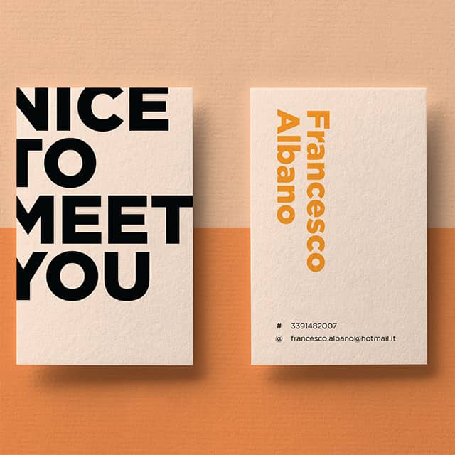 White portrait business card with Nice To Meet You written in a big font on one side and contact information on the other side