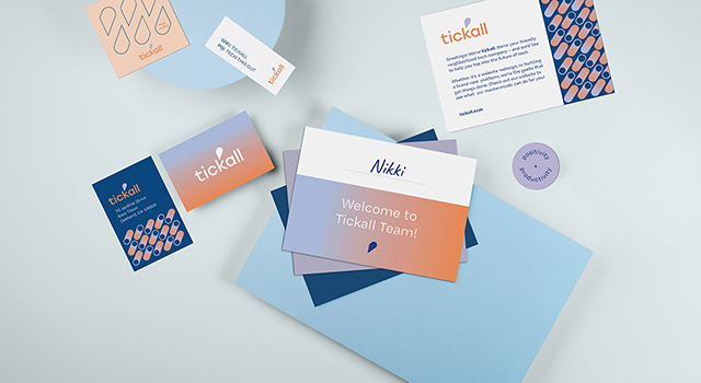 Pile of 3 employee onboarding postcards, promotional postcard, round sticker, gradient business cards, loyalty card, and mini card with wifi login