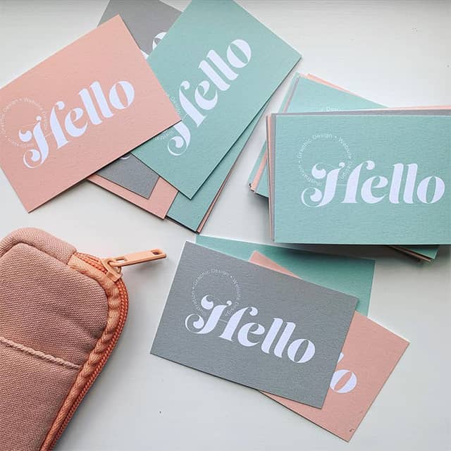 Hello cotton business cards in blue, grey and pink by Jodie Newman