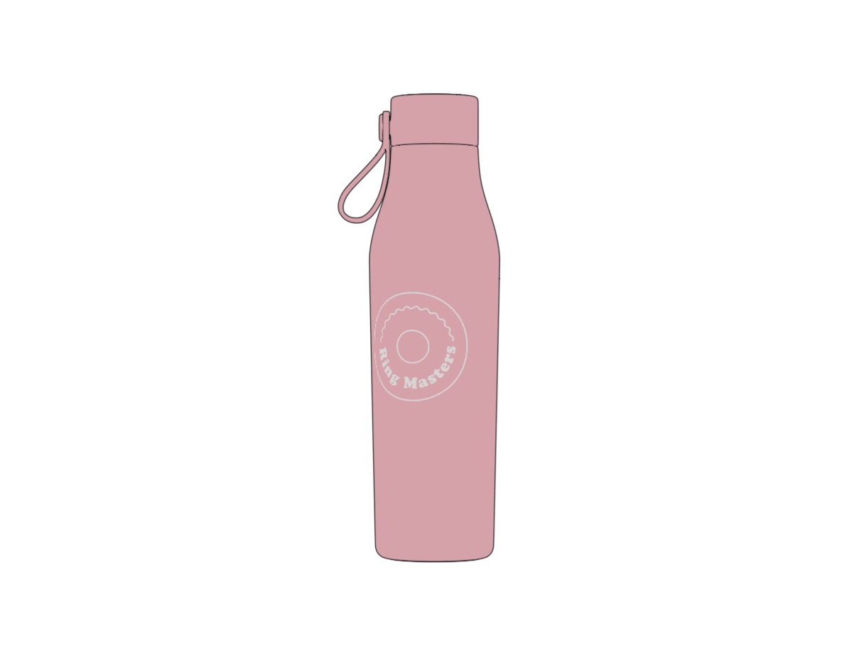 Illustration of a pink custom water bottle rotating to show the different personalisation options on one design, including silver engraving, single colour and four colours