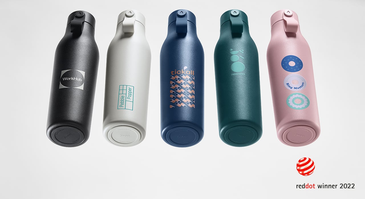5 personalized water bottles in black, white, pink, blue and green with custom colorful water bottle designs