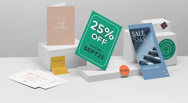 Variety of print products with 25% off Sale texts