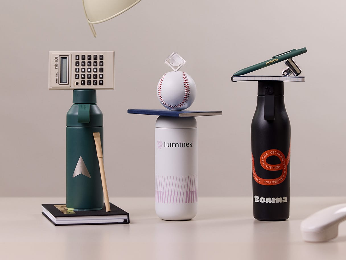 A selection of customized promotional products on a table