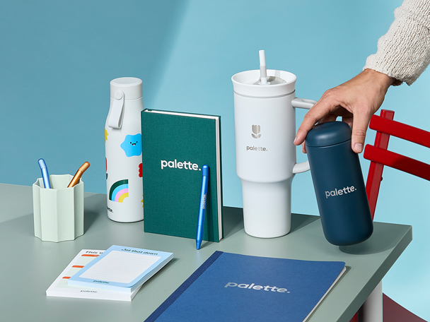 A selection of customized promotional products on a table